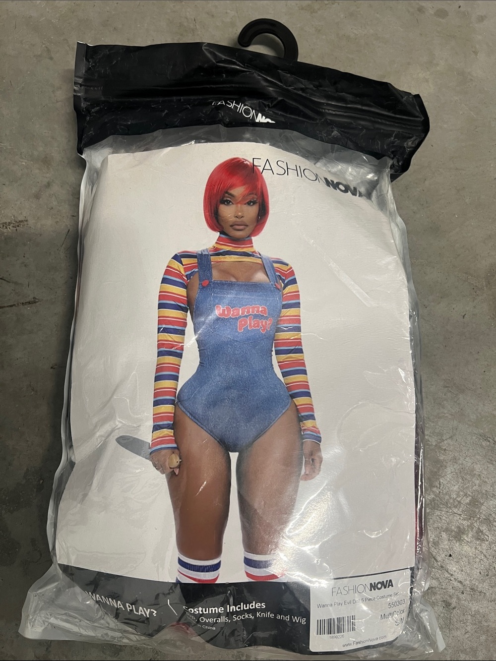 Fashion Nova Kids 'Wanna Play' Blue Overall Costume with Red Wig